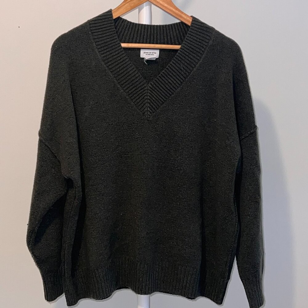 Dark Green Oversized V-Neck Sweater